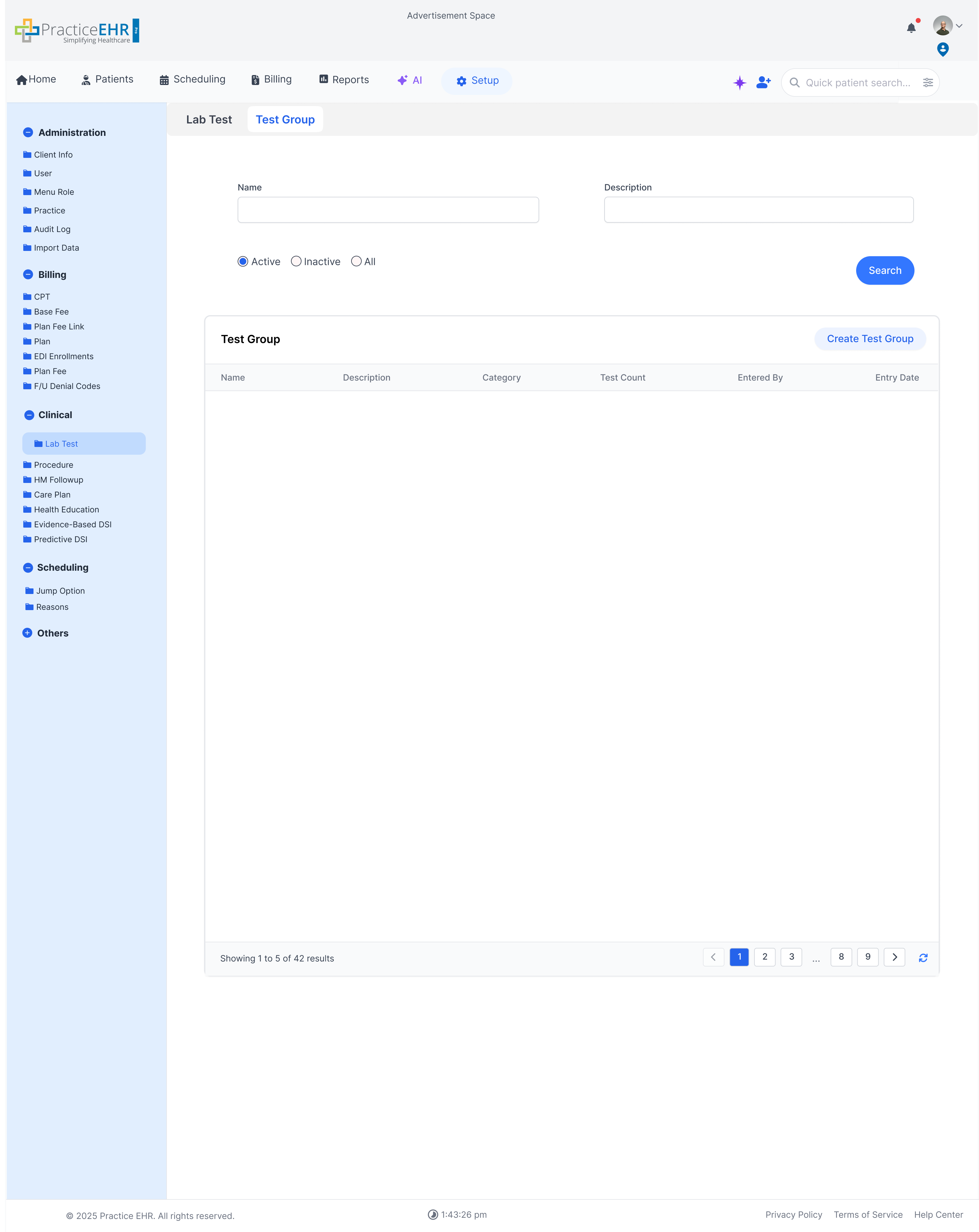 Lab Test test group screen